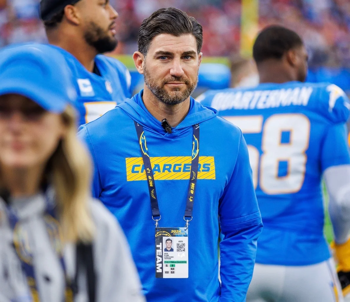 Joshua Goldman on the Los Angeles Chargers sideline